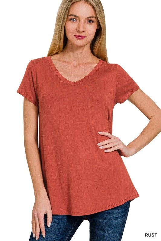 RAYON SHORT SLEEVE V-NECK ROUND HEM TOP