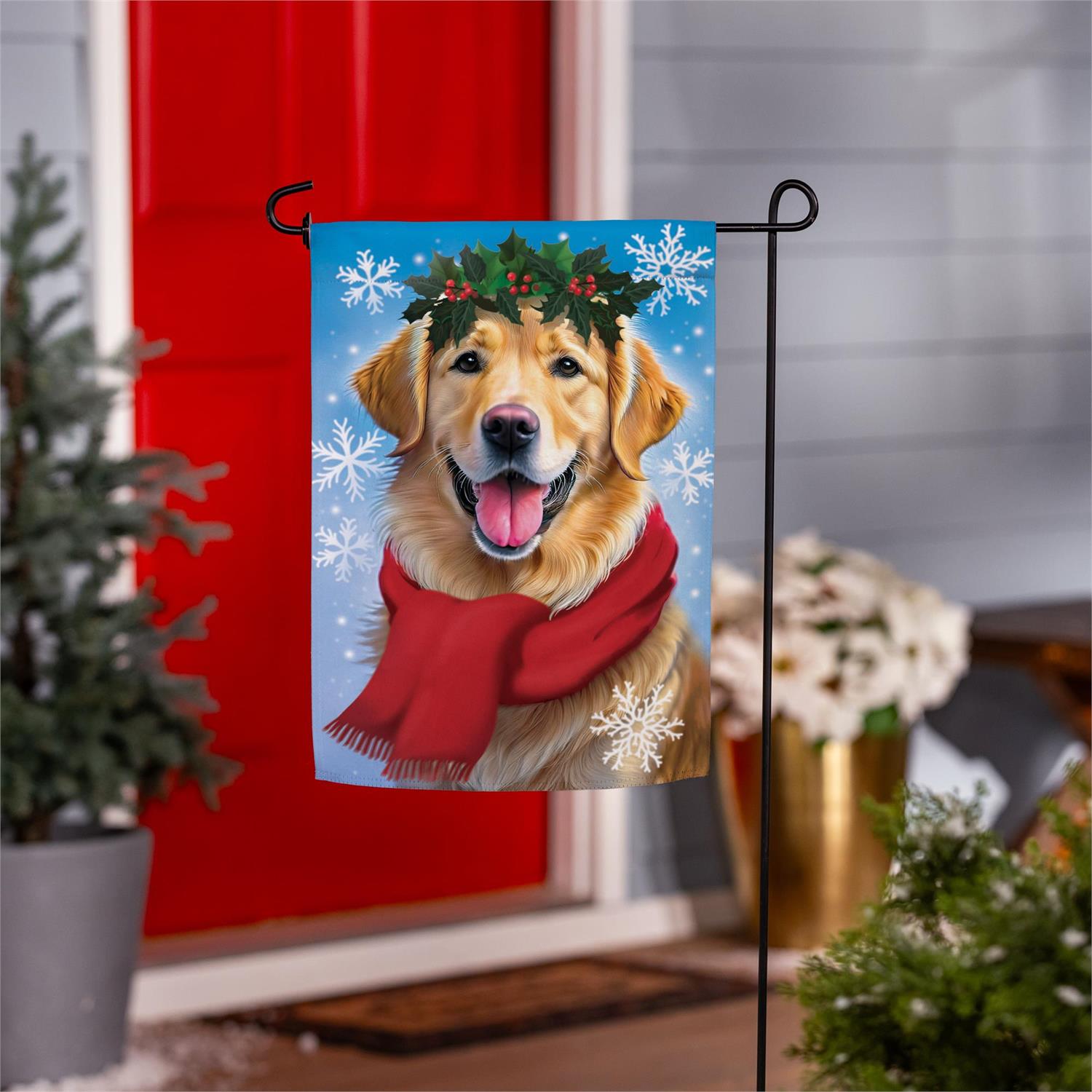 Happy Winter Golden Retriever Suede Flag