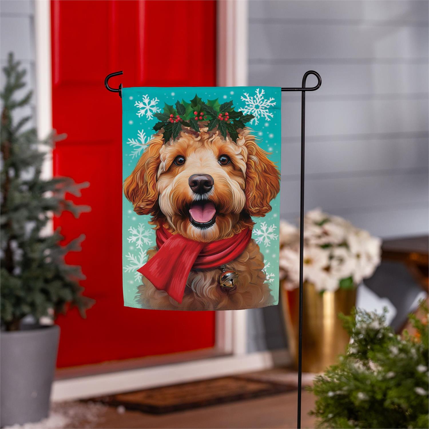Happy Winter Goldendoodle Suede Flag