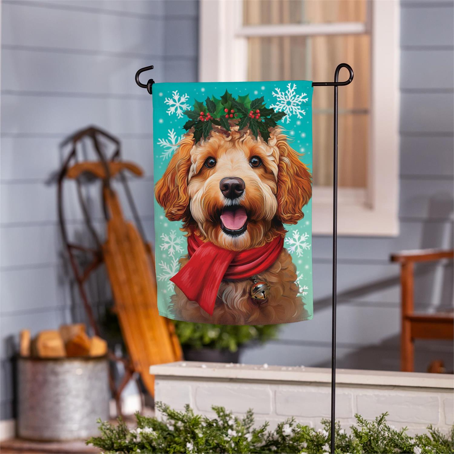 Happy Winter Goldendoodle Suede Flag