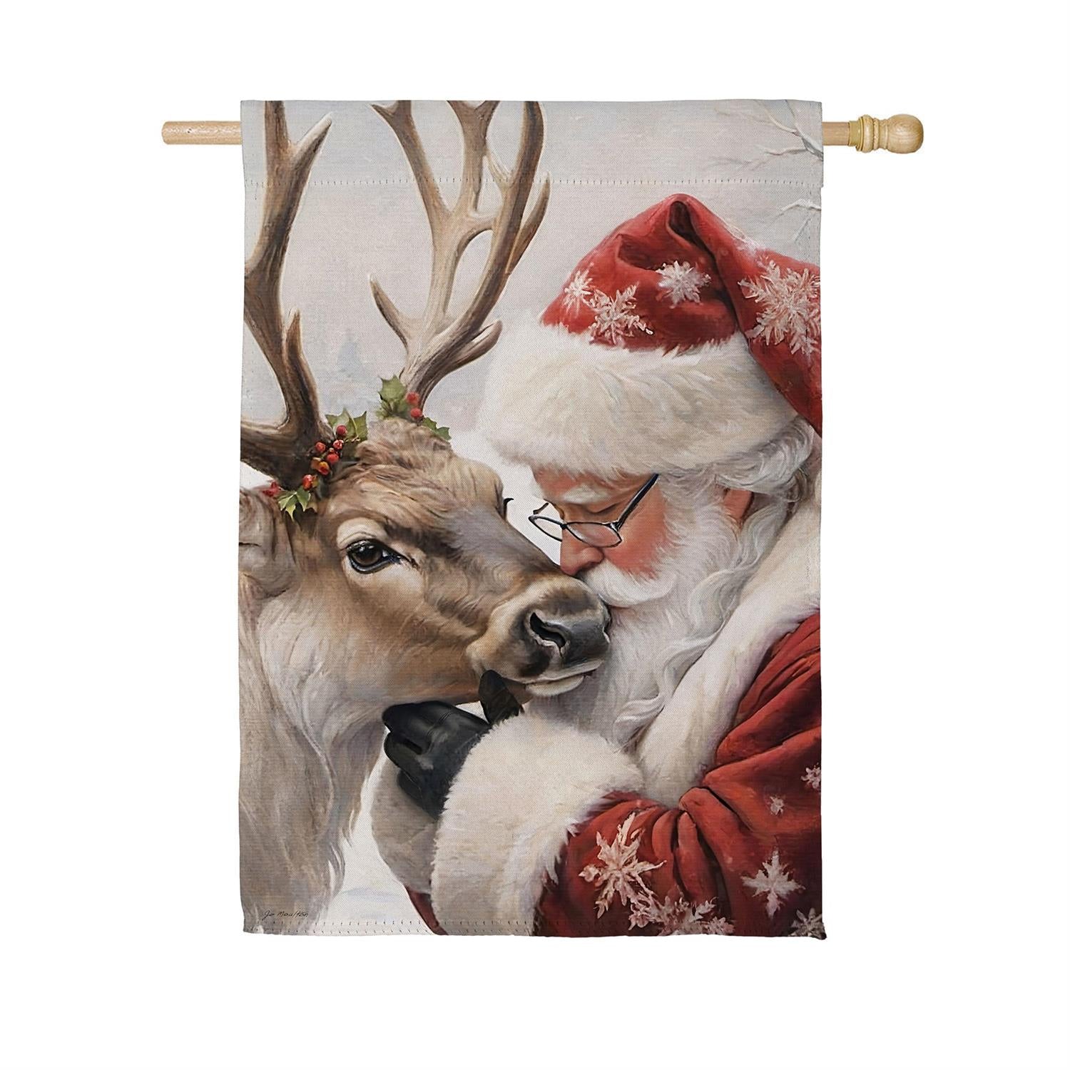 Santa Comforting Reindeer Suede Flag