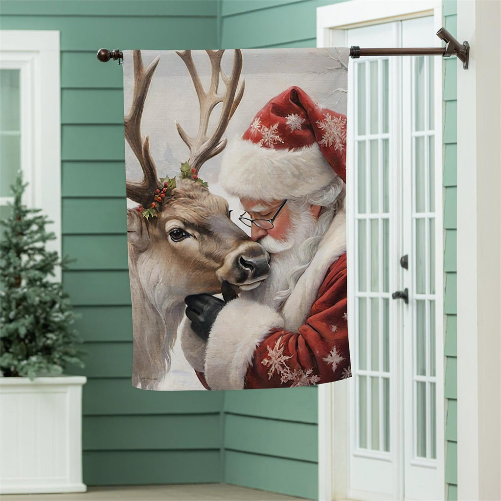 Santa Comforting Reindeer Suede Flag