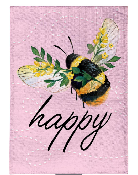 Bee Happy Pink Burlap Garden Flag
