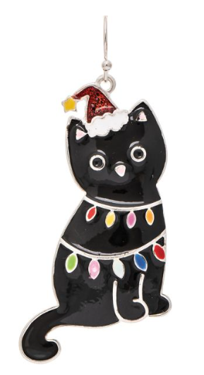 Silver Black Christmas Cat Earring
