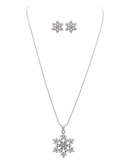 Silver Crystal 7/8" Snowflake Necklace Set