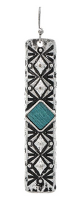 Silver Engraved Oxidized Blue Gem Bar Earring