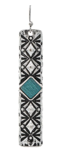 Silver Engraved Oxidized Blue Gem Bar Earring