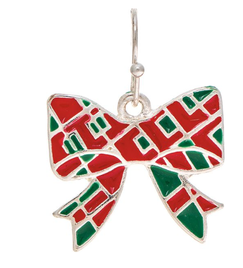 Silver Red Green Enamel Xmas Bow Earring
