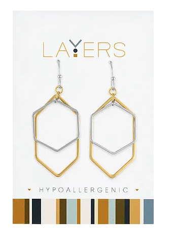 Silver Two-Toned Hexagon Dangle Layers Earrings Lay-Ear570-S