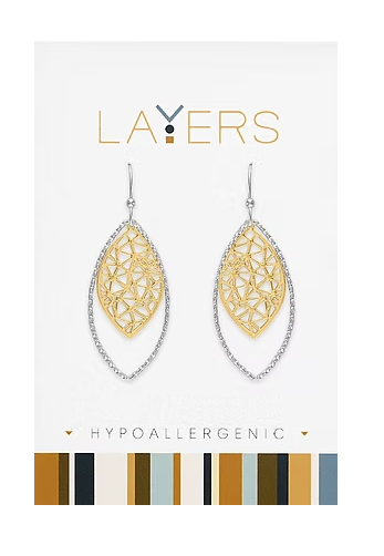 Silver Two-Toned Ribbed Geometric Leaf Dangle Layers Earrings Lay-Ear558-S