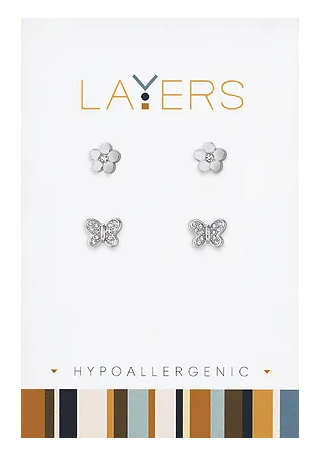 Silver CZ Butterfly & Flower Duo Pair Stud Layers Earrings LAY-EAR574-S