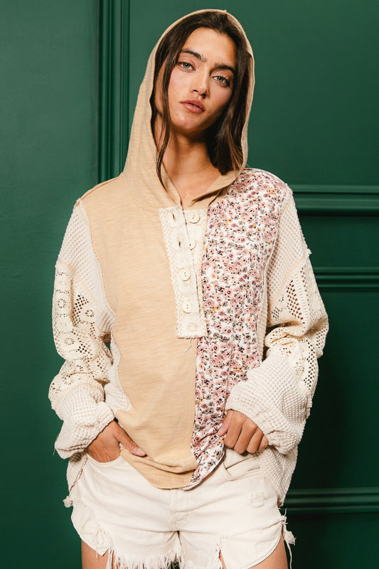 Slub Jersey With Lace Combo Buttoned Hoodie Top