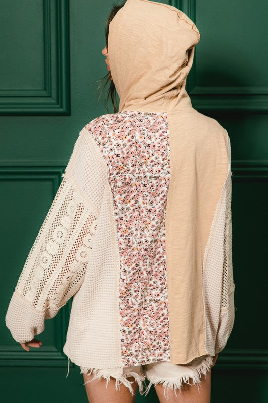Slub Jersey With Lace Combo Buttoned Hoodie Top