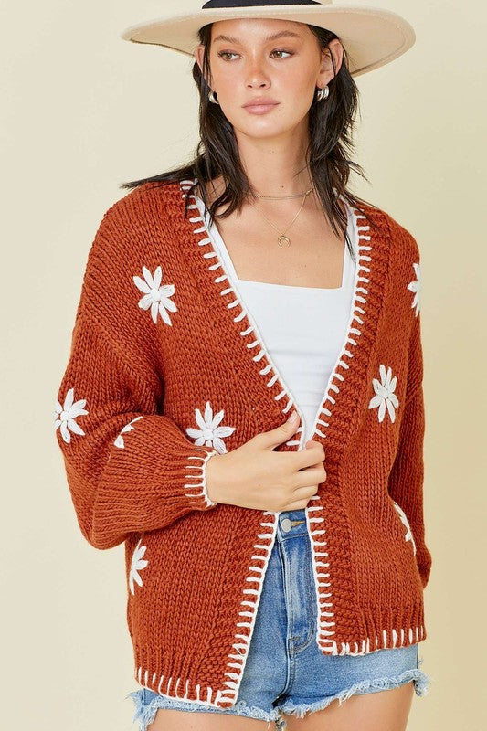Sweater Knit Cardigan With Flower And Embroidered