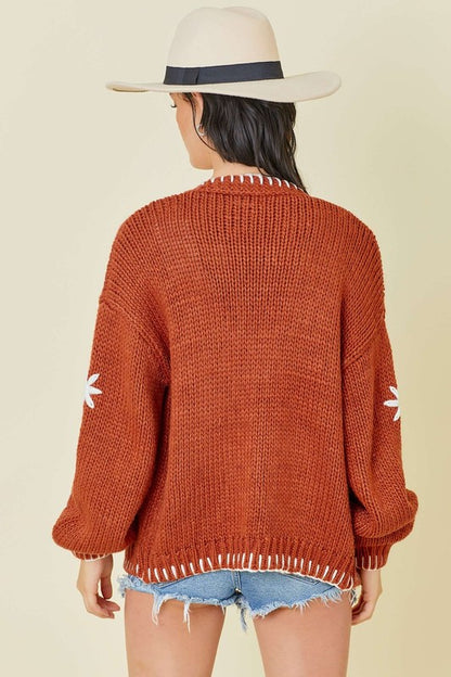 Sweater Knit Cardigan With Flower And Embroidered