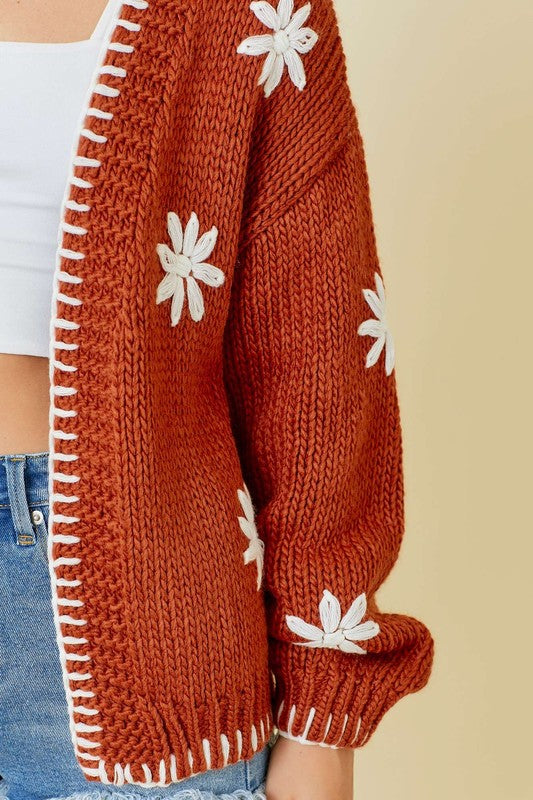 Sweater Knit Cardigan With Flower And Embroidered