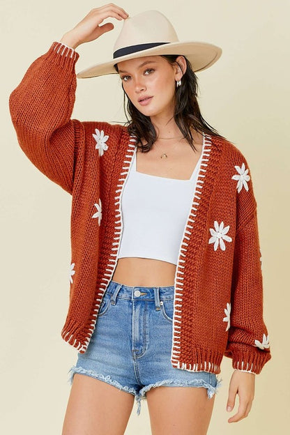 Sweater Knit Cardigan With Flower And Embroidered