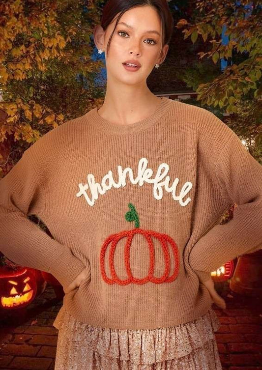 Thankful Pumpkin 3d Embroidered Sweater