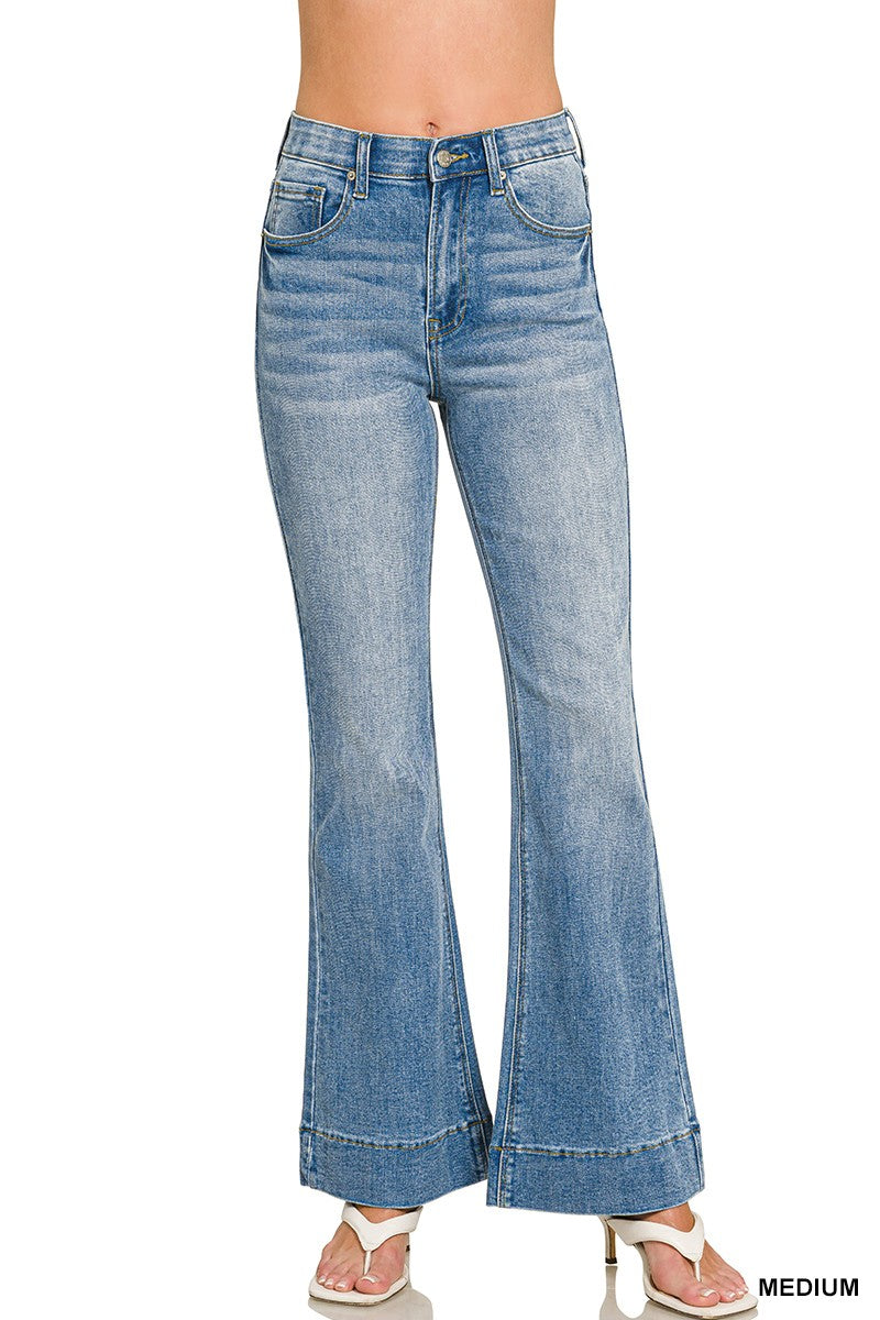 Tummy Control Elastic Waist Flare Denim Pants