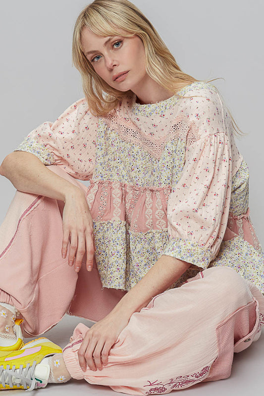 Pol Pink/Ivory Floral Babydoll Top