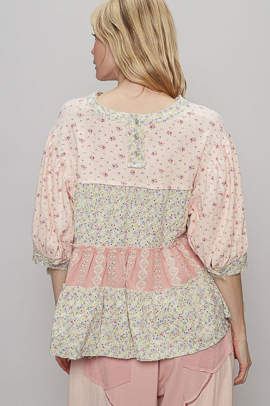 Pol Pink/Ivory Floral Babydoll Top