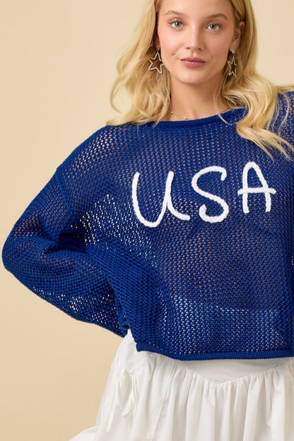 Usa 3d Rope Embroidered Boat Neck Crochet Top