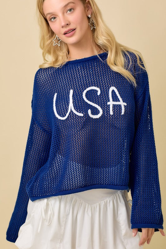 Usa 3d Rope Embroidered Boat Neck Crochet Top