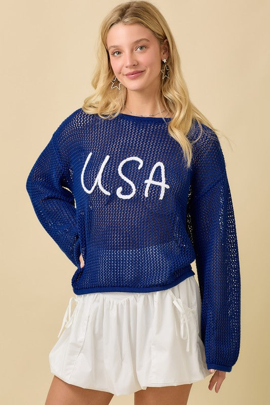 Usa 3d Rope Embroidered Boat Neck Crochet Top