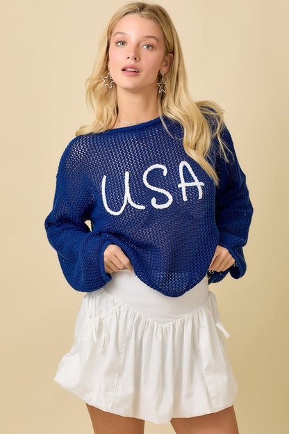 Usa 3d Rope Embroidered Boat Neck Crochet Top