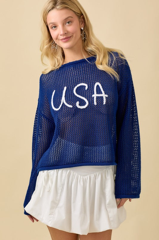 Usa 3d Rope Embroidered Boat Neck Crochet Top