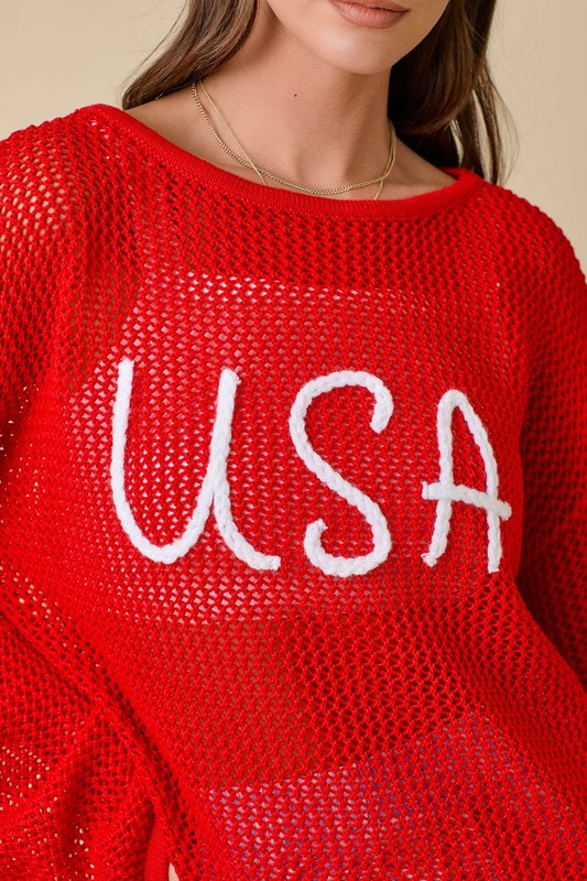 Usa 3d Rope Embroidered Boat Neck Crochet Top