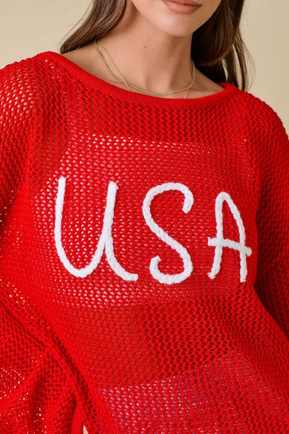 Usa 3d Rope Embroidered Boat Neck Crochet Top
