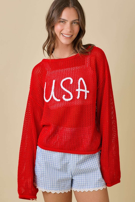 Usa 3d Rope Embroidered Boat Neck Crochet Top