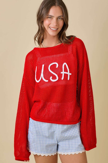 Usa 3d Rope Embroidered Boat Neck Crochet Top