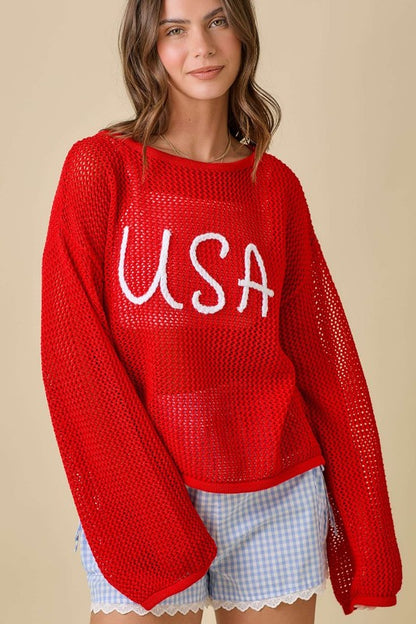 Usa 3d Rope Embroidered Boat Neck Crochet Top