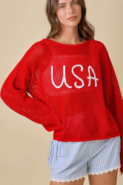 Usa 3d Rope Embroidered Boat Neck Crochet Top