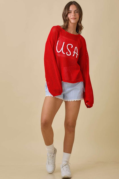Usa 3d Rope Embroidered Boat Neck Crochet Top