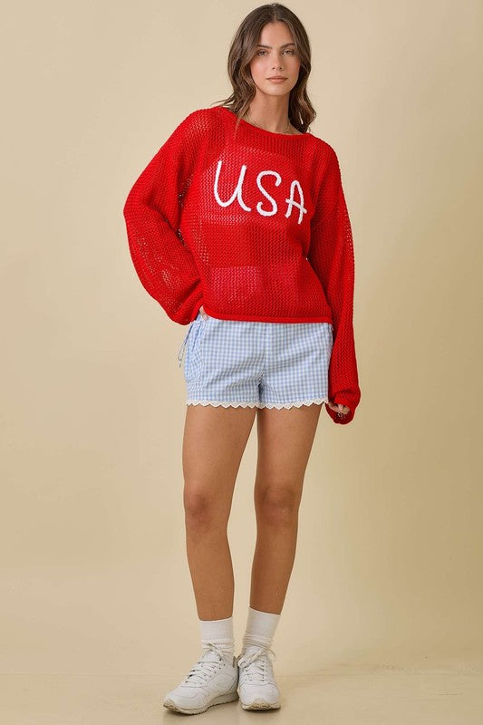 Usa 3d Rope Embroidered Boat Neck Crochet Top