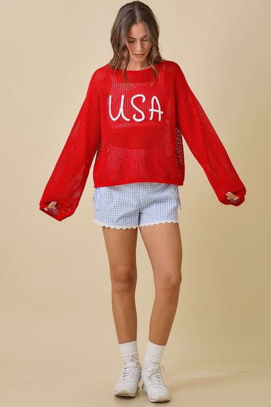 Usa 3d Rope Embroidered Boat Neck Crochet Top