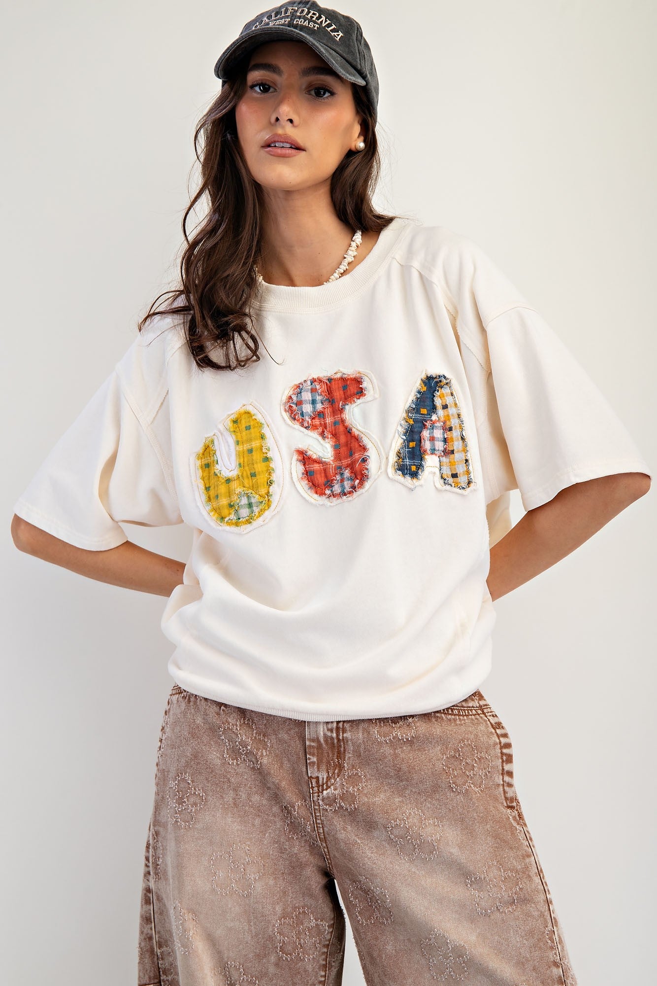 Usa Patch Front Soft Washed Terry Knit Top