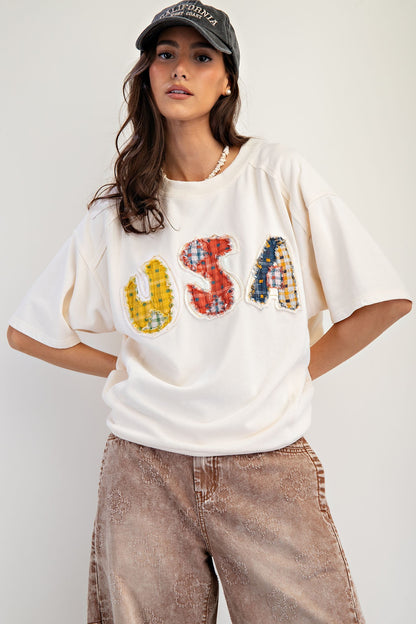 Usa Patch Front Soft Washed Terry Knit Top