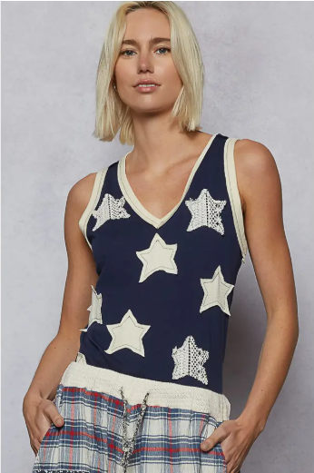 Pol Clothing V-Neck Sleeveless Front Star Patches Solid Basic Top Sale