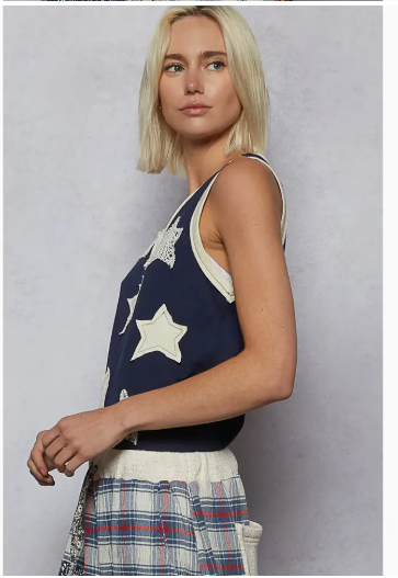 Pol Clothing V-Neck Sleeveless Front Star Patches Solid Basic Top Sale