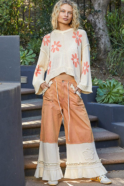 Pol V-neck long sleeve floral print hoodie sweater Cream