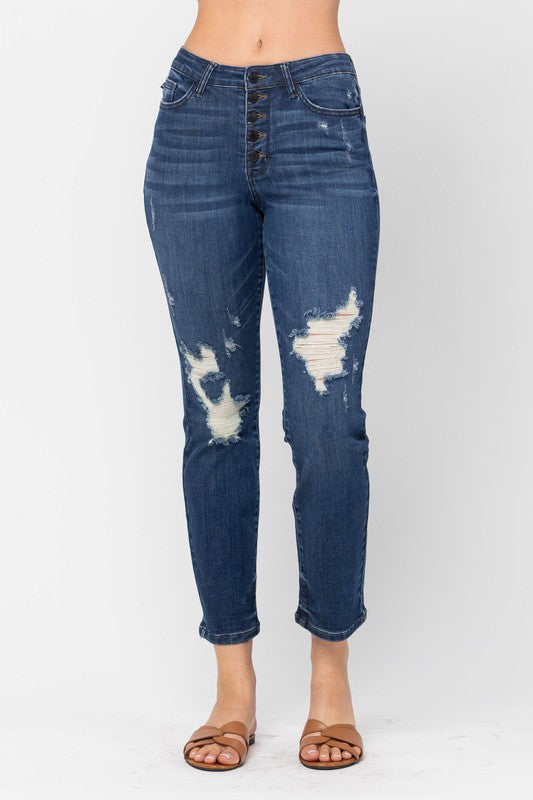 JUDY BLUE HIGH WAISTED ZIG ZAG BUTTON FLY & DESTROY JEANS