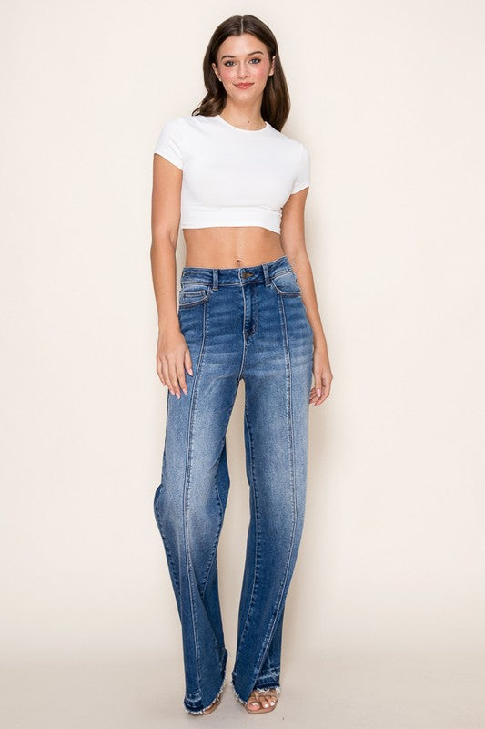 Vertical Splice Wide Leg Stretch Jeans