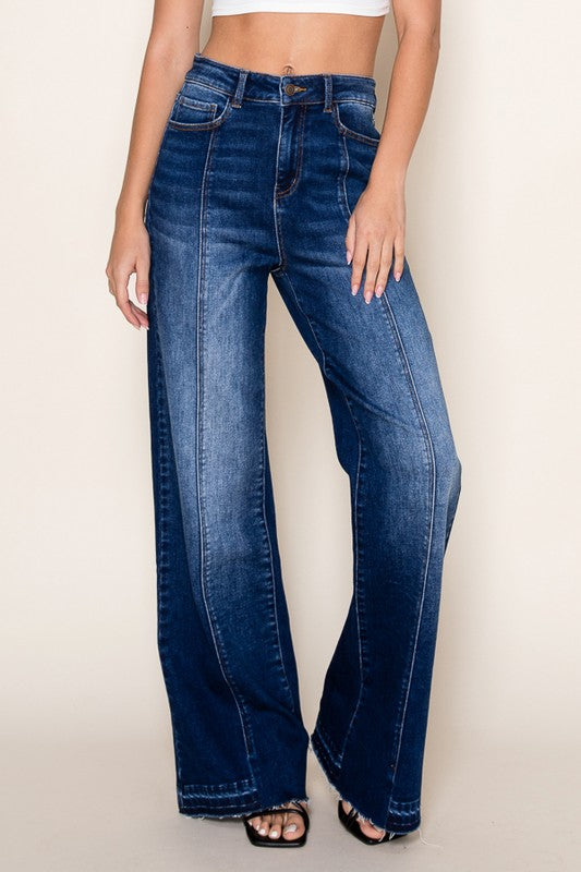 Vertical Splice Wide Leg Stretch Jeans