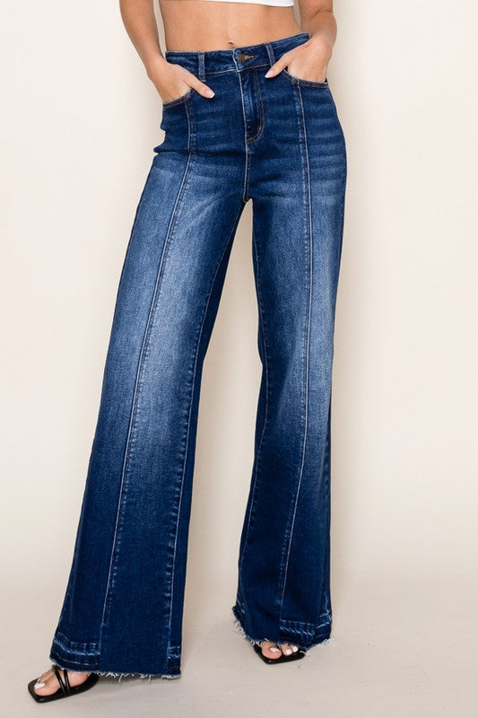 Vertical Splice Wide Leg Stretch Jeans