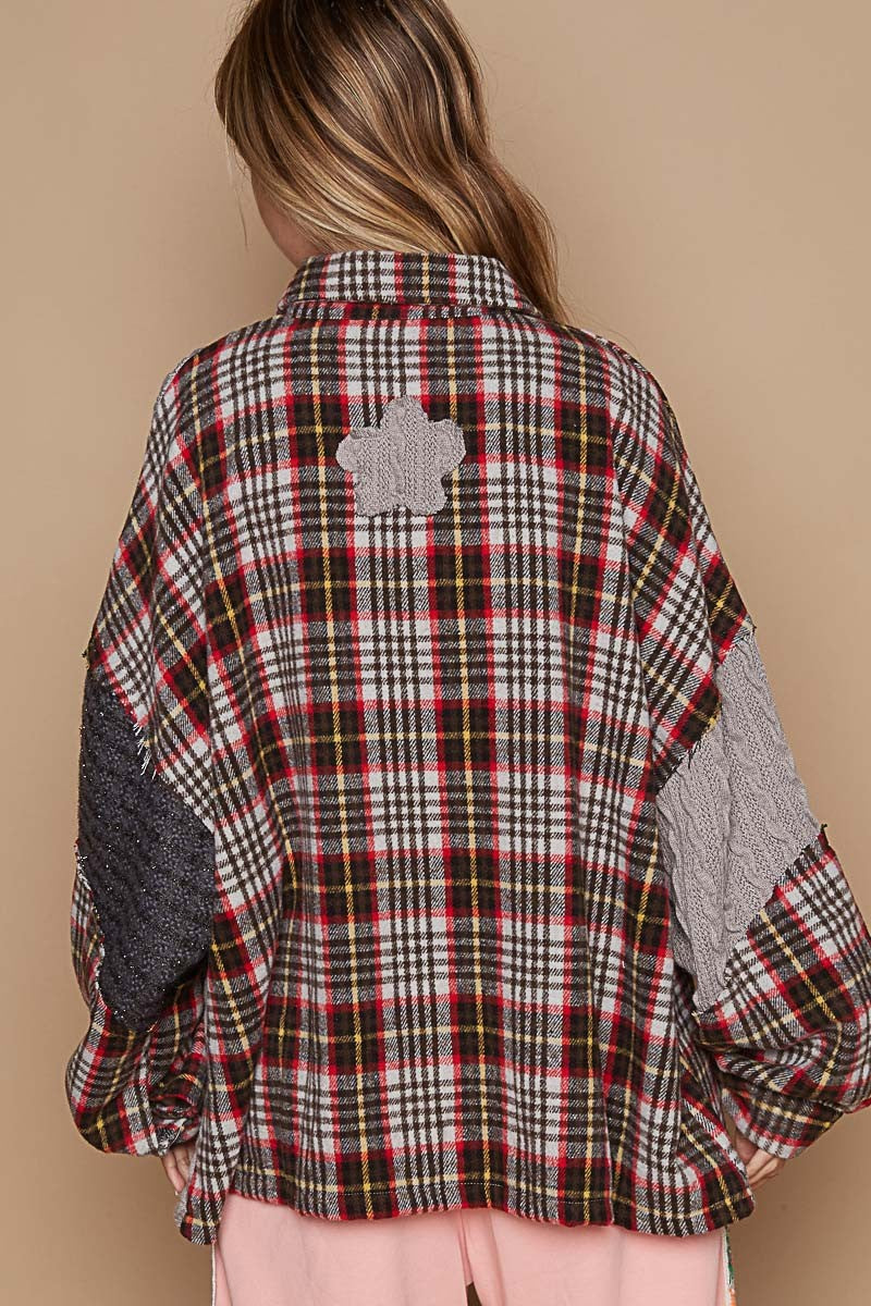 Vintage Washed Knit Patch Front Pocket Plaid Shirt by Pol !