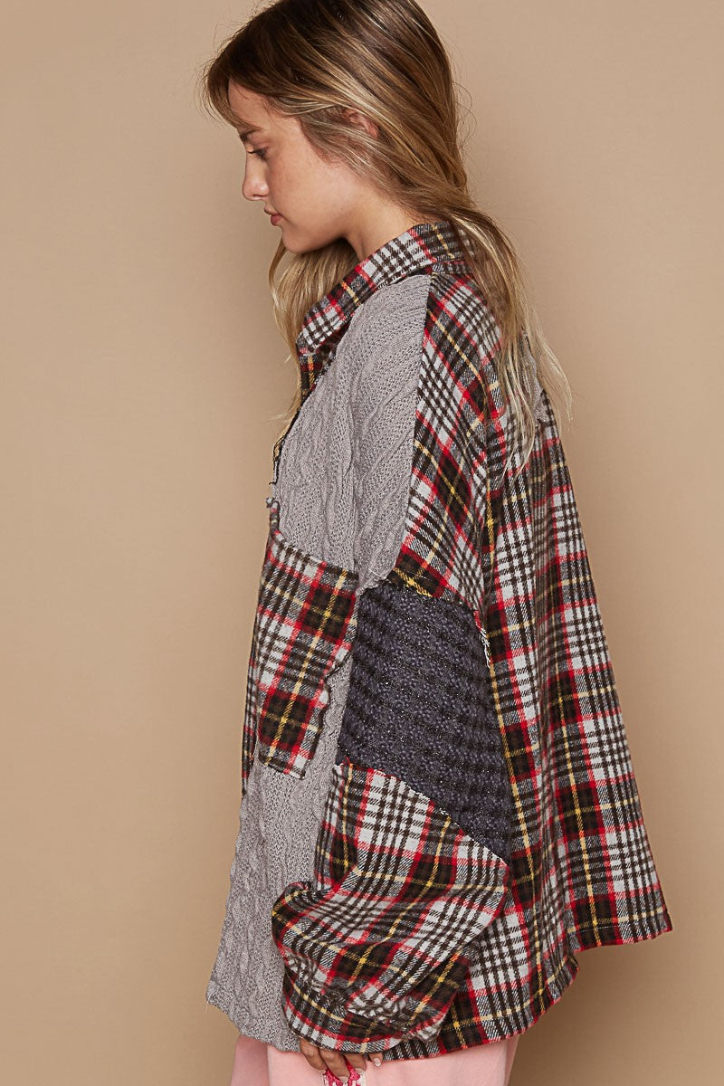 Vintage Washed Knit Patch Front Pocket Plaid Shirt by Pol !